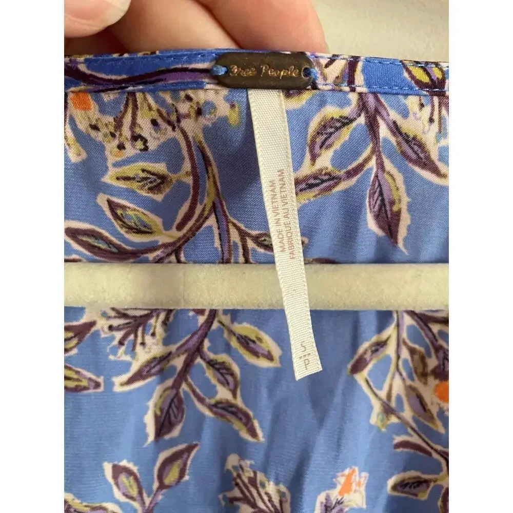 Free People Blue Floral Print Square Neckline Cropped Blouse Size Small
